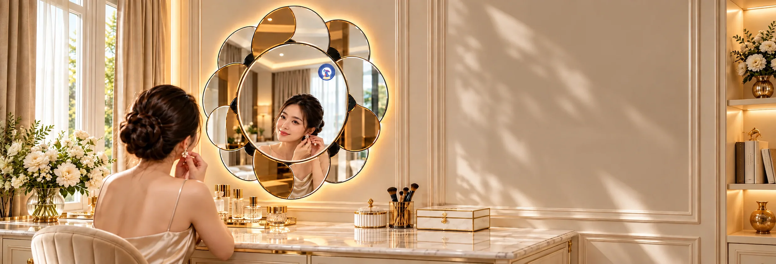 Camellia mirror in a vanity room