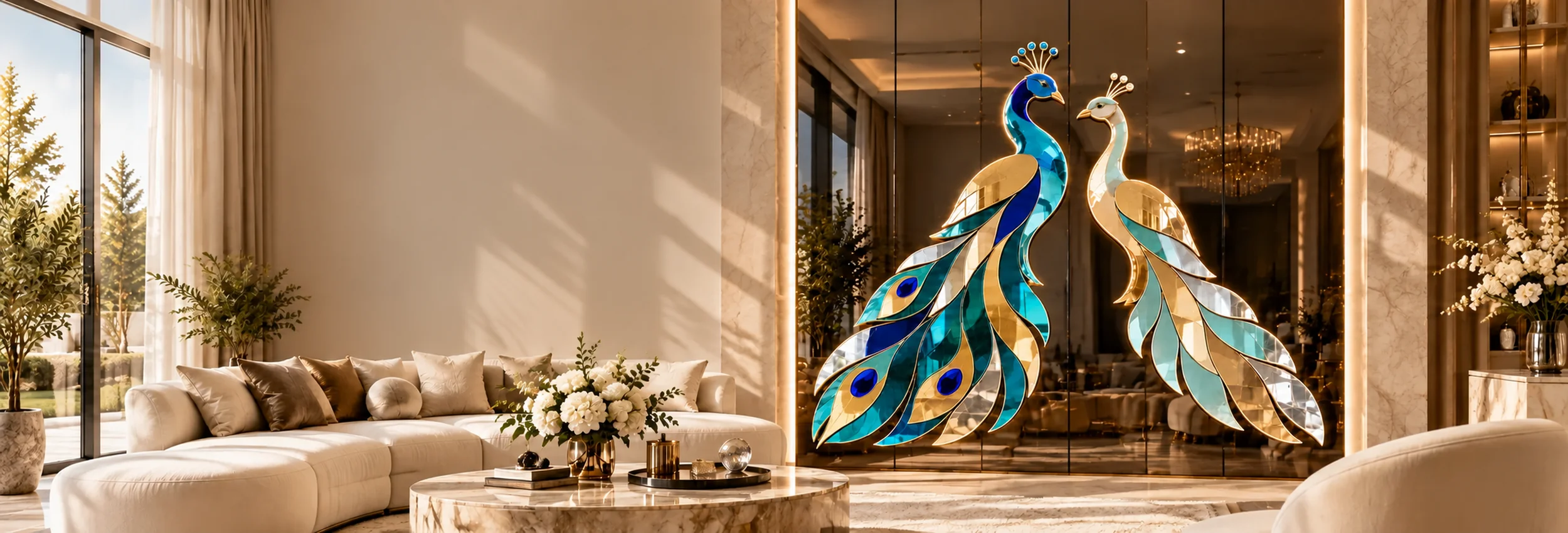 Twin peacock mirror artwork in a living room