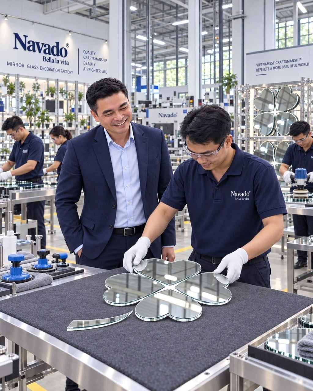 NAVADO craftsperson assembling shaped mirror pieces by hand